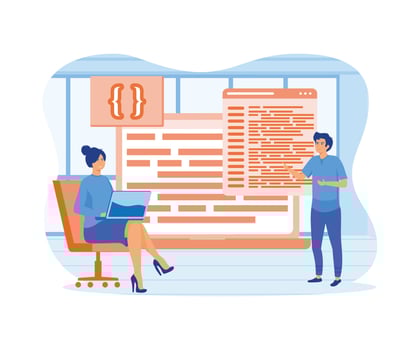 Developers and DevOps. Technical support teams working together to build an engineering system. flat vector modern illustration