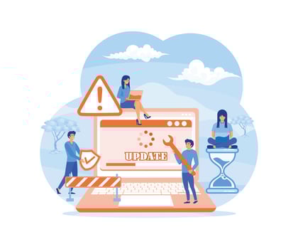 System Update. Tiny programmers upgrading operating system. Technical error and service. Computer laptop screen with updating progress bar. flat modern illustration vector