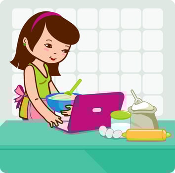 Woman cooking and looks at recipes on the internet. Housewife baking in kitchen. Vector illustration