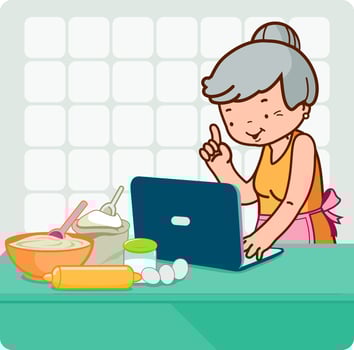 Grandma cooking and looks at recipes on the internet. Old lady baking in kitchen. Vector illustration