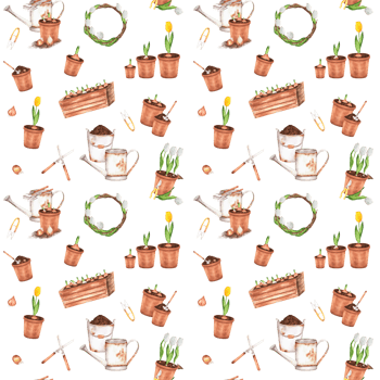 Hand-drawn watercolor illustration. Seamless pattern with garden tools, flowerpots, buckets, watering cans and tulips png