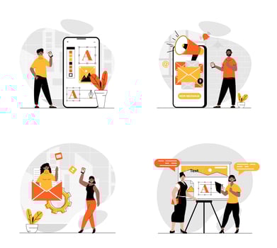 Designer studio concept with character set. Collection of scenes people do creative projects, using marketing tools, create applications and promote products. Vector illustrations in flat web design