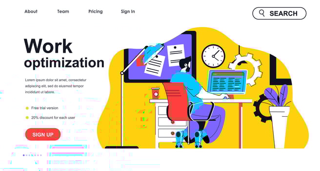 Work optimization concept for landing page template. Man creates schedule and planning workflow processes. Time management people scene. Vector illustration with flat character design for web banner