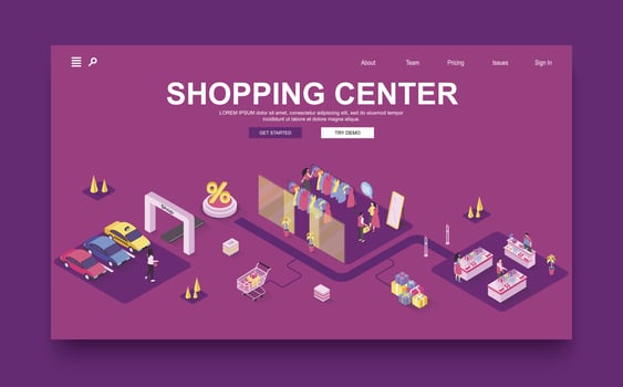 Shopping center concept 3d isometric landing page template. People choose clothes in boutique, buy goods on shelves of store in seasonal sales. Vector illustration in isometry graphic design.