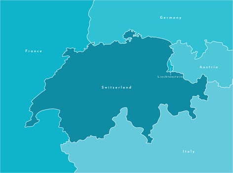 modern illustration. Simplified map of Switzerland and borders with neighboring countries France, Germany, Italy, Austria, Liechtenstein. Blue shapes of states, white outline. vector
