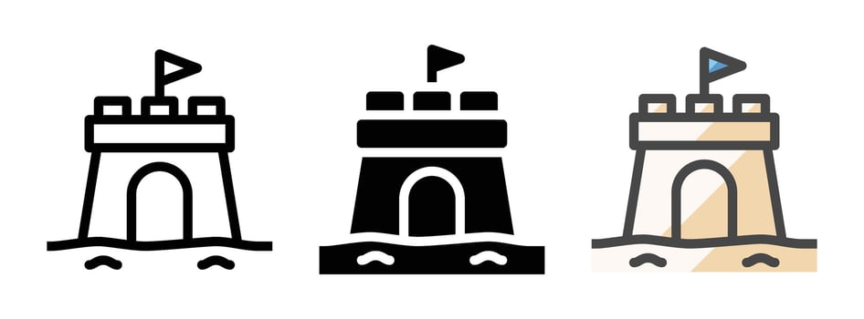 Multipurpose Sand Castle Vector Icon in Outline, Glyph, Filled Outline Style