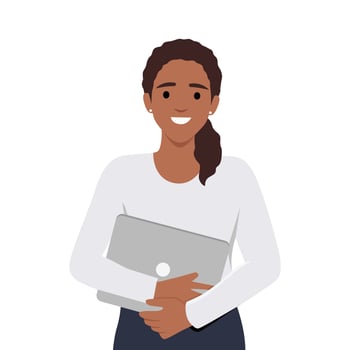 Young woman holding laptop computer. vector