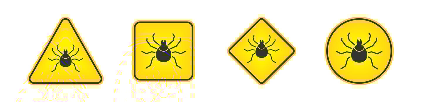 Mite danger icon. Beware of ticks caution signs. Flat vector illustration.