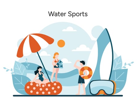 Vibrant characters partake in beachside activities, depicting the excitement of water sports under the summer sun vector