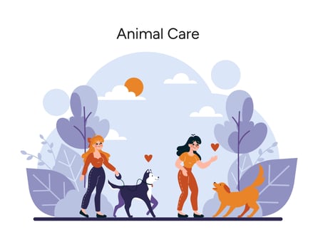Vibrant depiction of joyful pet ownership, with a loving family engaging with their loyal dogs vector