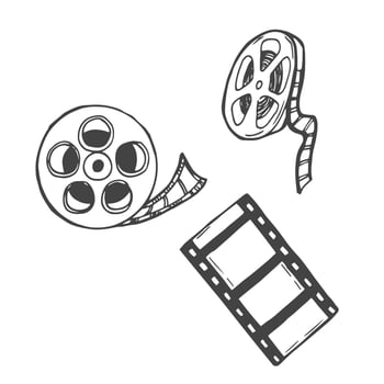 Set of film strip and reel. Sketch vector illustration.