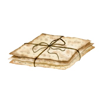 Matzah pile with rope bow watercolor vector illustration for jewish Passover fasting bread side view. Hand drawn Pesach symbol