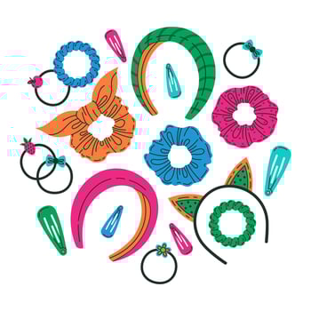 Ladys hair accessories. Cartoon hair tie, scrunchies, headband, elastic bands, doodle hair accessory vector cartoon illustration set