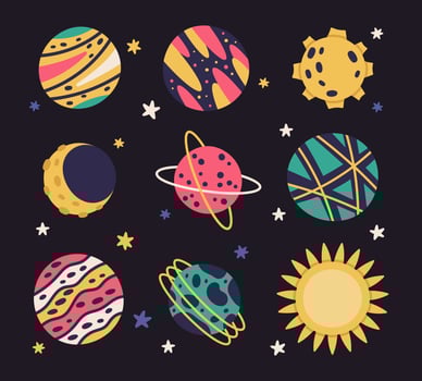 Hand drawn planets. Space cosmic bodies, sun, moon and pluto flat vector illustration set. Doodle galaxy cosmic elements