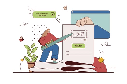 Electronic contract concept with character situation in flat design. Woman signing digital agreement form with e-signature, making business deal online. Vector illustration with people scene for web