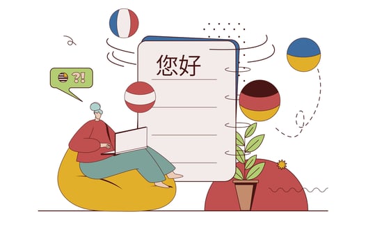 Language courses concept with character situation in flat design. Woman studying different foreign languages, learning online on educational platform. Vector illustration with people scene for web