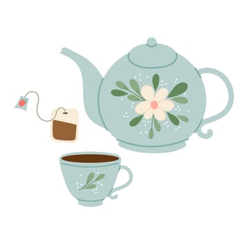 Ceramic blue teapot with cup in flat style. Tea, breakfast, morning. The teapot is decorated with floral painting. vector