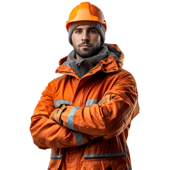 AI generated A man in an orange jacket and a hard hat is standing with his arms crossed png