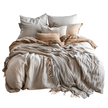 AI generated A comfortable messy bed with soft pillows, a fluffy duvet, and a cozy throw on Transparent Background. png