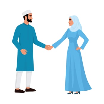 Illustration of a Couple Shaking Hands in Traditional Attire vector