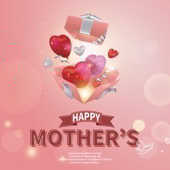 Pink Mother's Day greeting card, heart balloons and ribbons flying out of the opened gift box vector