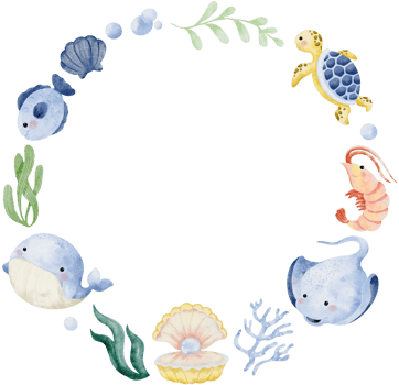Watercolor hand drawn illustration of sea animals wreath in blue color png