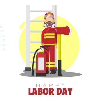 Happy Labor Day poster with a firefighter and firefighting equipment vector