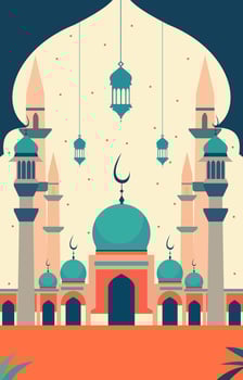 Mosque and Lantern Islamic Eid Al Fitr Festival Card vector