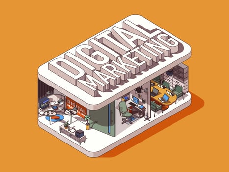 Digital marketing concept in 3d isometric graphic design. Creative agency office, advertising or promotion in social networks. Vector illustration with people in isometric room interior for web banner