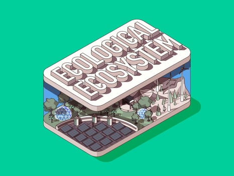 Ecological ecosystem concept in 3d isometric graphic design. Eco friendly alternative energy technology for nature protect. Vector illustration with people in isometric room interior for web banner