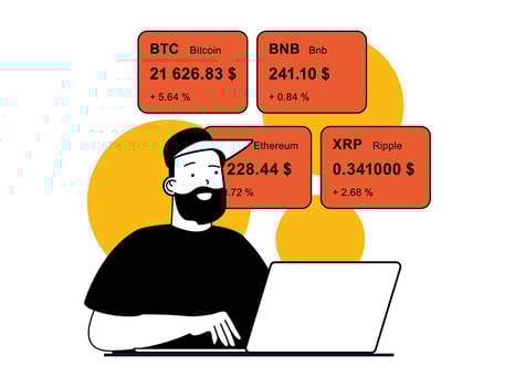 Cryptocurrency marketplace concept with character situation. Man trades on exchanges and makes profit from investments in crypto wallets. Vector illustrations with people scene in flat design for web