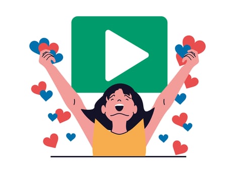 Social network concept with character situation. Happy excited woman collecting many likes and hearts from audience for new blog video. Vector illustration with people scene in flat design for web