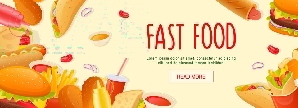 Fast food horizontal web banner. Taco, hot dog, hamburger, cola, sandwich, french fries, ketchup, mustard and other snacks. Vector illustration for header website, cover templates in modern design