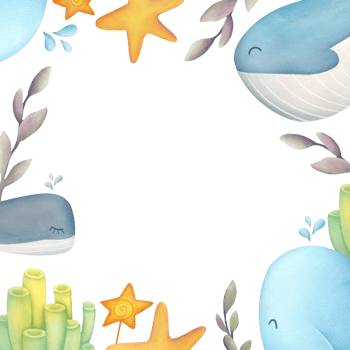 Wreath of underwater animals isolated on transparent background. square border frame mockup with whales, algae and corals. marine animals and shells png