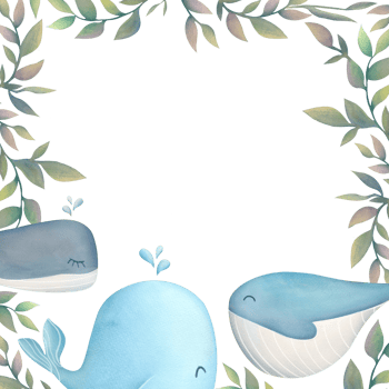 Oceanic watercolor frame border with cute whales, algae and corals. copy space background  with Underwater creature, sea animals. square Mock up for postcards, banners, baby shower cards, invitations png