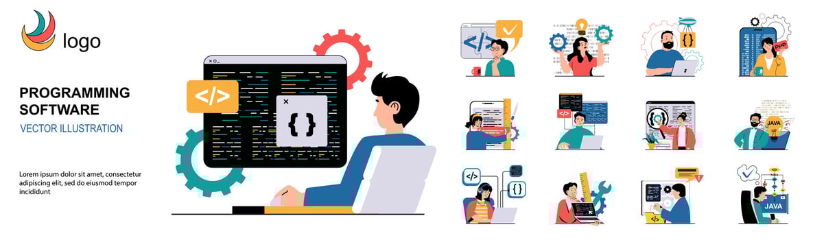 Programming software concept with character situations collection. Bundle of scenes people write, test and optimize code, work with different program languages. Vector illustrations in flat web design