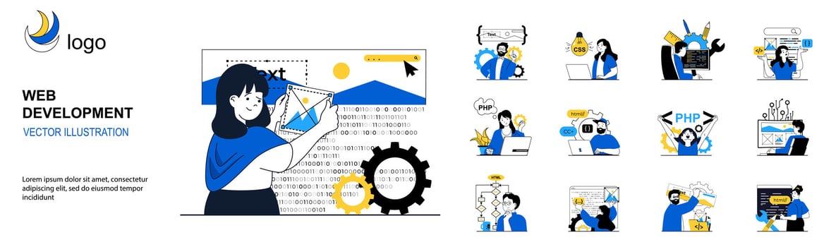 Web development concept with character situations collection. Bundle of scenes people design websites and homepages, work with code, place elements and content. Vector illustrations in flat web design