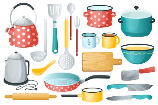 Kitchenware set graphic elements in flat design. Bundle of kettle, ladle, spoon, fork, frying pan, mug, board, bowl, knife, rolling pin, spatula and other utensil. Vector illustration isolated objects