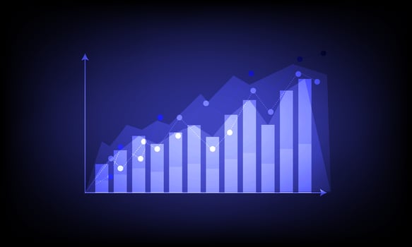 Stock and investment concept. A bar and line graph on dark blue background. Burish market, profit of wealth, high-risk high return, business growth up. vector