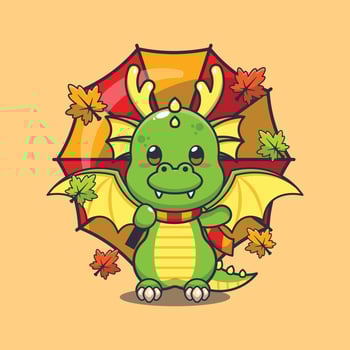 Cute dragon with umbrella at autumn season. Mascot cartoon vector illustration suitable for poster, brochure, web, mascot, sticker, logo and icon.