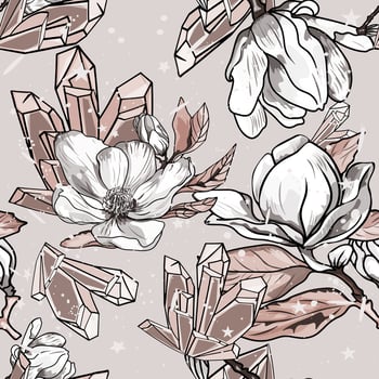 Magnolia brunch . Blooming magnolia and crystals pattern. Seamless illustration Print for wrapping paper, textiles, preparation for designers vector
