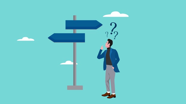 Illustration of a businessman who is confused about choosing his career direction, choosing concept vector