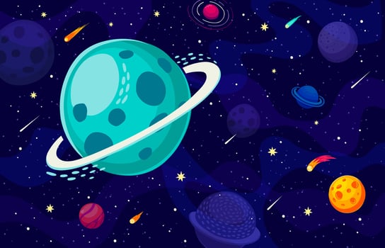Cartoon galaxy space landscape Saturn and stars vector