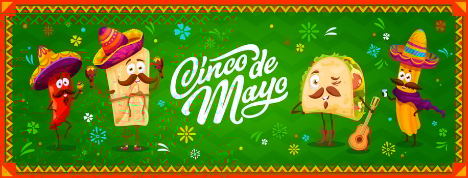 Cinco de mayo banner with mexican food characters vector