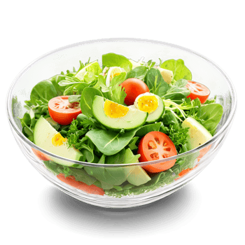 AI Generated Salad in transparent glass bowl. A refreshing and light salad in a deep, clear glass bowl, featuring a mix of fresh greens, vegetables png