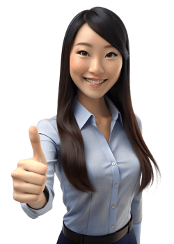 3d young asia woman in office worker uniform, long hair with smile, She is Thumbs Up, isolated on transparent background png