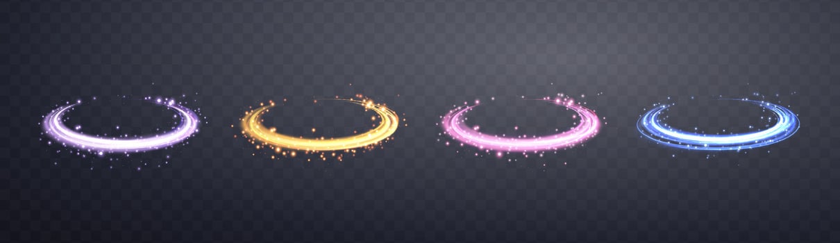 Glowing magic rings set. Neon realistic energy flare rings with sparkling particles. Abstract light effect on a dark background. Vector illustration.