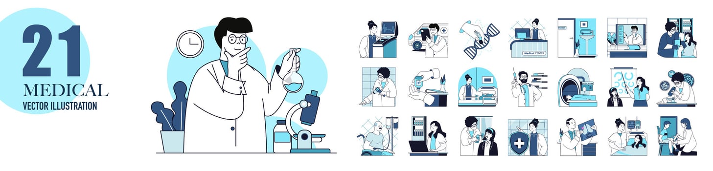 Medical clinic and laboratory concept with character situations collection. Bundle of scenes people doing tests and research, doctor consultation and diagnosis. Vector illustrations in flat web design
