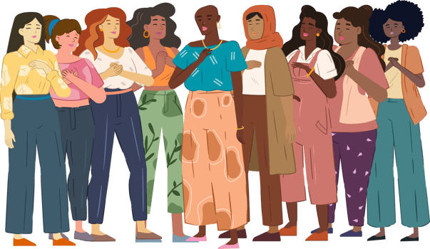 Illustration of a group diverse women, each with different body type and race. Women power, feminism, empowerment, diversity and body positive. png