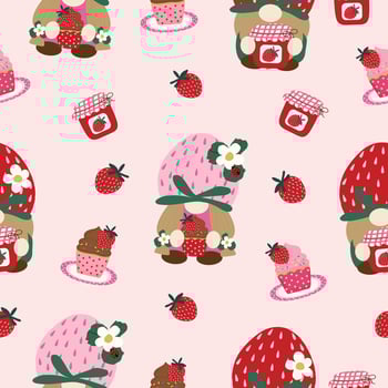 cute pink strawberry cake gnomes hand drawn seamless pattern vector illustration for invitation greeting birthday party celebration wedding card poster banner textile wallpaper paper wrap background